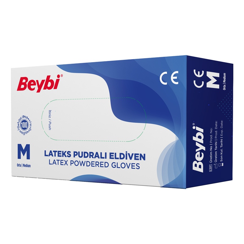 Beybi Pudralı Lateks Muayene Eldiveni M Beden 100'lü - BEYBİ (1)