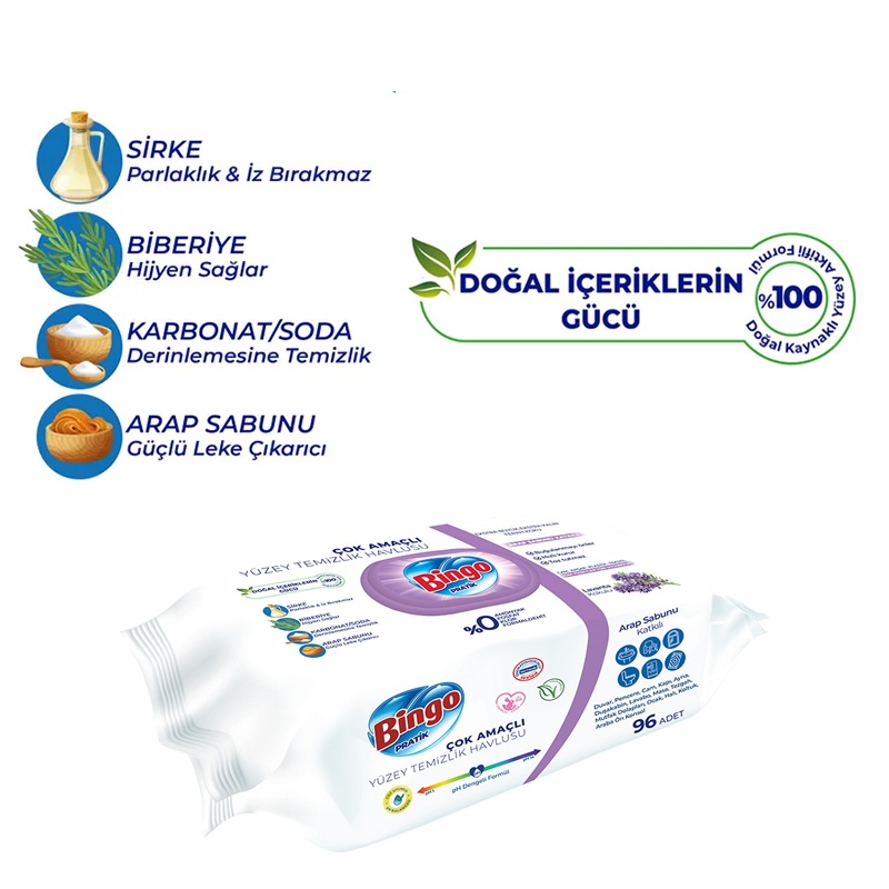 Bingo Pratik Yüzey Temizlik Havlusu Arap Sabunu Katkılı Lavanta 96lı - BİNGO