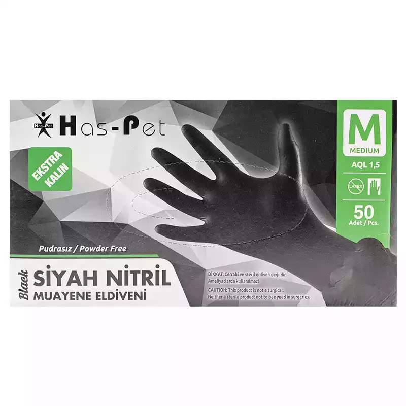 Haspet Kalın Siyah Nitril Medium Pudrasız Muayene Eldiveni 50Li - 1