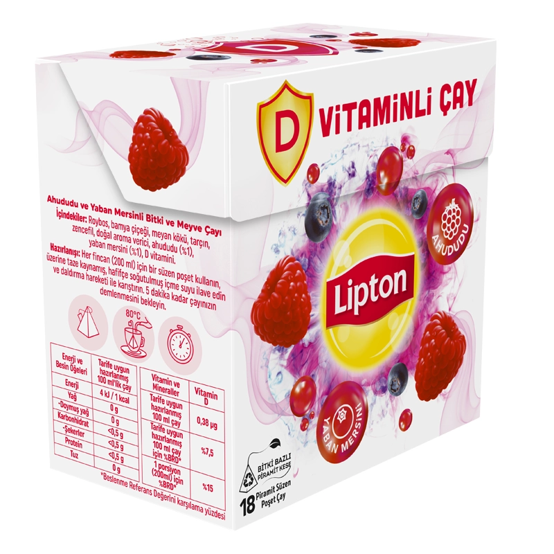 Lipton D Vitaminli Bitki ve Meyve Çayı Ahududu Yaban Mersini Aromalı 18'li Paket - Thumbnail