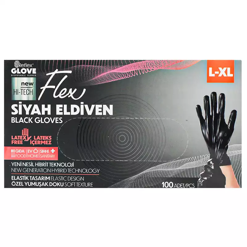 Reflex Flex Pudrasız Eldiven Siyah Hibrit Large XLarge Eldiven 100'lü - 2