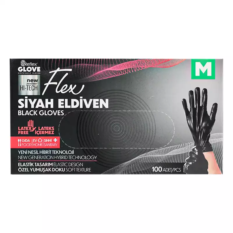 Reflex Flex Pudrasız Eldiven Siyah Hibrit Medium 100'lü - 2